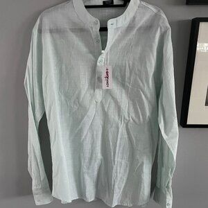 Coofandy Beach Tunic Long Sleeve Cotton Linen Casual Shirt, Sz Large, Mint